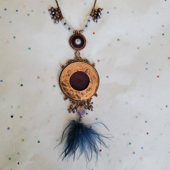 SATELLITE PARIS VINTAGE HAMMERED COPPER PENDANT FEATHER & SEMI PRECIOUS BEADS - Picture 3 of 7